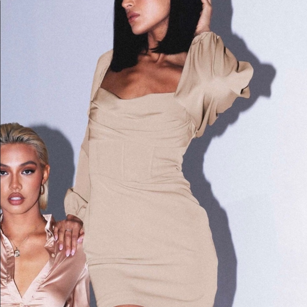 PRINCESS POLLY LILLIE LONG SLEEVE MINI DRESS IN BEIGE